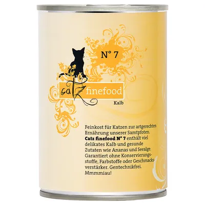 Консерва за котки Catz finefood N° 7 Kalb. Текст на немски: съдържа телешко, ананас, водорасли, без консерванти, оцветители и овкусители, без ГМО.