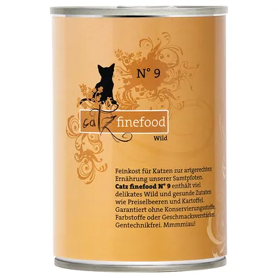 Catz finefood N° 9 Wild. Tekst på tysk: Feinkost für Katzen zur artgerechten Ernährung... enthält viel delikates Wild und gesunde Zutaten wie Preiselbeeren und Kartoffel. Gentechnikfrei.