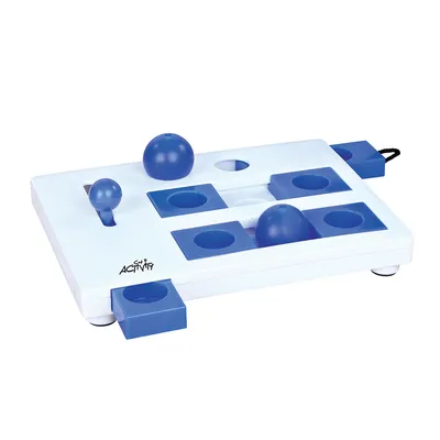 Vit och blå aktivitetsbräda med flera runda hål, skjutbara luckor och bollar. Texten 'Activity' syns på ena hörnet.