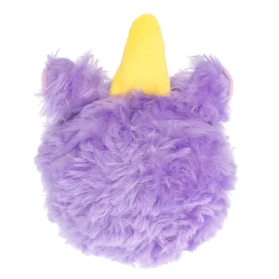 Jouet pour animal en peluche violette avec deux oreilles et une corne jaune, matière duveteuse visible.
