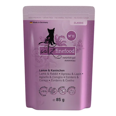 Catz Finefood Classic Nr. 11, ягненок и кролик, 85 г. Сделано в Германии, без зерна, без тестирования на животных, без добавления сахара, 93% мяса в бульоне.