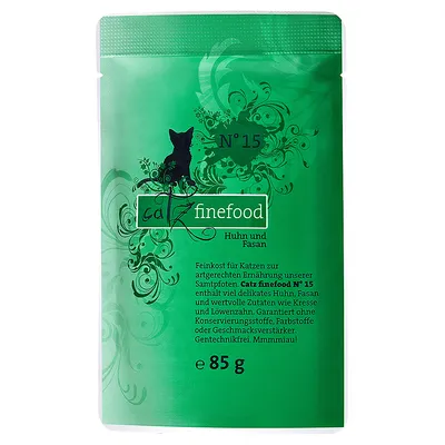 catz finefood N°15 Huhn und Fasan, 85 g. Tekst na njemačkom: delikatesa za mačke s piletinom i fazanom, bez konzervansa, bojila i pojačivača okusa, bez GMO.