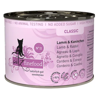 Catz Finefood Classic Nr. 11, bárány és nyúl, gabonamentes, hozzáadott cukor nélkül, állatkísérlet-mentes, több mint 93% hús és főzőlé.