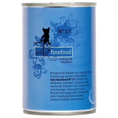 Консерва за котки catz finefood N° 17, Geflügel & Garnelen. Текст на немски език с информация за съставките и гаранции за отсъствие на консерванти и оцветители.