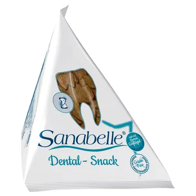 Emballage Sanabelle Dental-Snack, forme pyramide, fenêtre en forme de dent montrant les snacks, texte visible : « Grain Free », « mit Geflügel » (en allemand), « Dental - Snack »