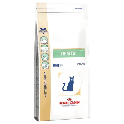 Royal Canin Veterinary Diet Dental Feline. Verpackung mit Katzen-Symbol und SO Index. Hinweise zur Zahnpflege auf der Seite sichtbar.