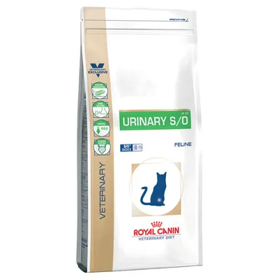 Royal Canin Veterinary Diet Urinary S/O Feline, LP34. Verpackung mit Symbolen: Struvitsteine, Urinverdünnung, niedriger RSS-Wert, Blasengesundheit. SO Index und Katzen-Symbol sichtbar.