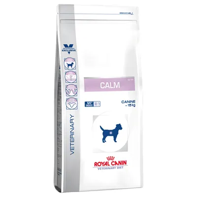 Royal Canin Veterinary Diet Calm Canine, 15kg. Spezialfutter für Hunde mit SO-Index und beruhigenden Eigenschaften. Verpackung zeigt Hundesymbol und Produktdetails.