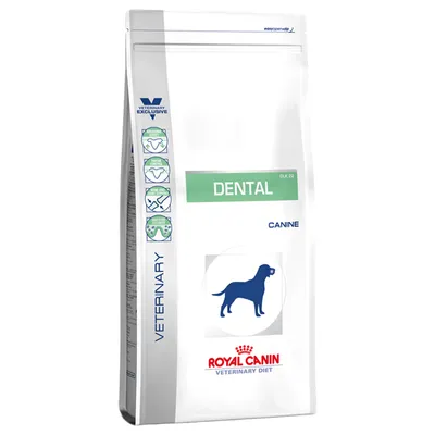 Royal Canin Veterinary Diet Dental DLK 22 für Hunde. Verpackung mit Symbolen für Zahnpflege, Tartar-Kontrolle und gesunde Ernährung.