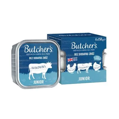 Butcher's Junior hondenvoer, 4x150g, zonder granen, met rundvlees. Poolse tekst: 'BEZ DODATKU ZBÓŻ', 'z WOŁOWINĄ'. Britse vlag zichtbaar op verpakking.