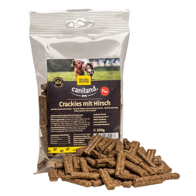 Caniland Crackies z jelenom, dopolnilna hrana za pse. Brez dodanega sladkorja, idealno za na pot. Pakiranje 200g, proizvajalec: Caniland GmbH, naslov in kontakt vidna.