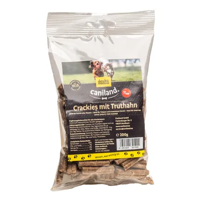 Caniland Crackies s puranom, primerno za pse vseh pasem, brez dodanega sladkorja, dopolnilna hrana, pakiranje 200g. Proizvajalec: Caniland GmbH, hranilne vrednosti: beljakovine 30%, maščobe 7%.