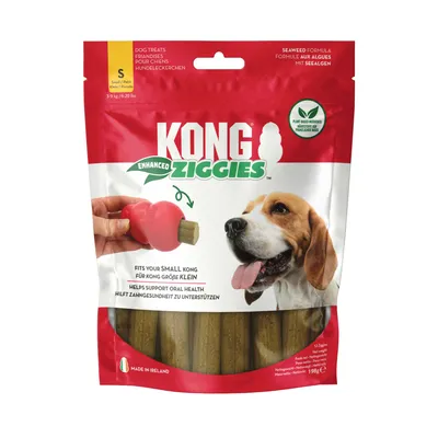 KONG Ziggies Enhanced, pasji priboljški z morskimi algami, primerni za male KONG-e, podpirajo zdravje zob, rastlinski sestavni deli, izdelano na Irskem.