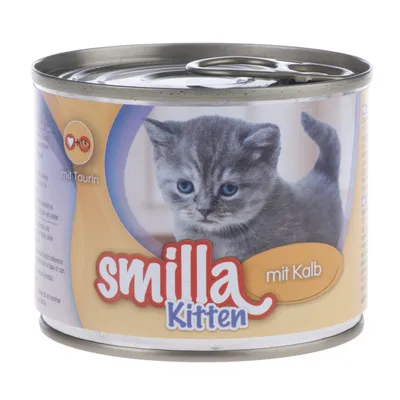 Blik Smilla Kitten natvoer, variant 'mit Kalb', met afbeelding van een grijze kitten en zichtbaar tekst: 'mit Taurin'.