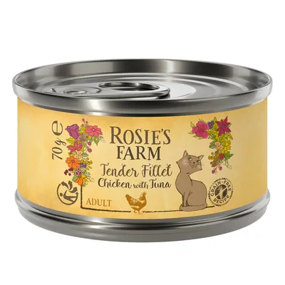Rosie's Farm Tender Fillet Chicken with Tuna, 70g Dose, Adult, getreidefreie Rezeptur. Illustration von Blumen, Huhn und Katze auf gelbem Hintergrund.