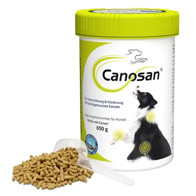 Canosan Ergänzungsfuttermittel für Hunde, 650 g, mit Grünlippmuschel-Extrakt und Gonex. Enthält Pellets und Dosierlöffel.