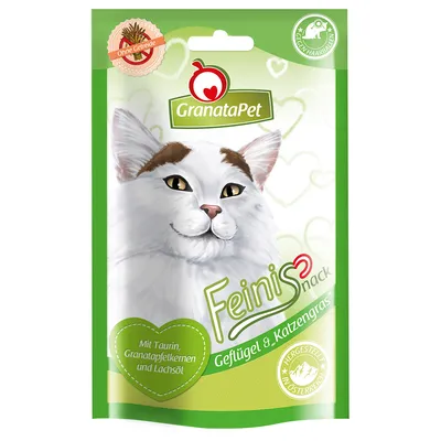 GranataPet Feinis Snack siipikarjaa ja kissanruohoa. Sisältää tauriinia, granaattiomenansiemeniä ja lohiöljyä. Viljaton. Valmistettu Itävallassa.