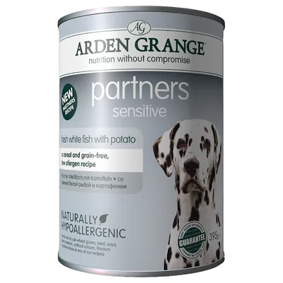 Partners sensitive fresh white fish with potato, cereal and grain-free, low allergen recipe. Naturally hypoallergenic. 395g tin. New partners recipe. Not tested on animals guarantee.