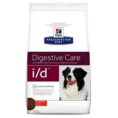 Hill's Prescription Diet Digestive Care i/d hundfoder med kyckling, bild på svartvit hund och foderkulor. Text: Clinical Nutrition, with Chicken.