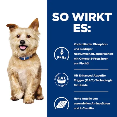 How it works: Controlled phosphorus and low sodium content, enriched with omega-3 fatty acids from fish oil. With Enhanced Appetite Trigger (E.A.T.) technology for dogs. High levels of essential amino acids and L-carnitine.