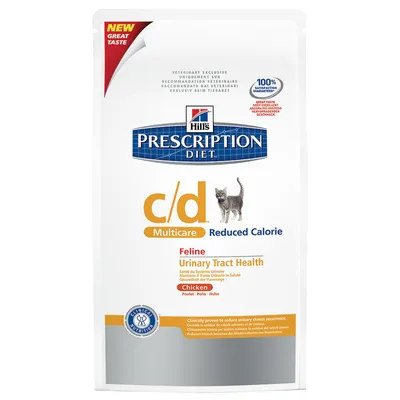 Hill's Prescription Diet c/d Multicare Reduced Calorie Feline Urinary Tract Health Chicken. 100% satisfaction guarantee. Clinically proven to reduce urinary stones recurrence.