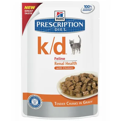 Hill's Prescription Diet k/d Feline Renal Health with Chicken, Tender Chunks in Gravy. Bild på kattmat i sås och texten 100% Satisfaction Guaranteed.