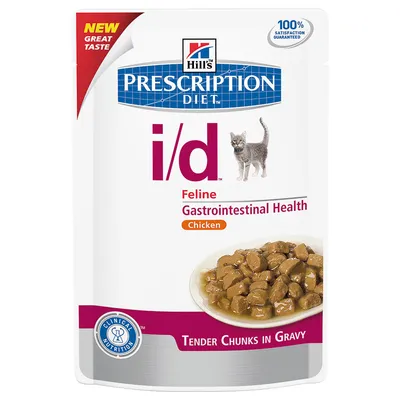 Hill's Prescription Diet i/d Feline Gastrointestinal Health Chicken, våtfoder för katt. Text: Tender Chunks in Gravy, 100% Satisfaction Guaranteed, Clinical Nutrition.
