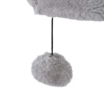 Grey plush ball on a black string, suitable as a toy or accessory for pets.