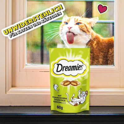 Dreamies mit himmlischem Thunfisch-Geschmack, 60g. Unwiderstehlich für Katzen und Kätzchen.