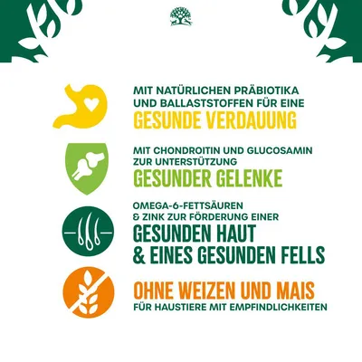 Mit natürlichen Präbiotika für gesunde Verdauung, Chondroitin und Glucosamin für gesunde Gelenke, Omega-6-Fettsäuren für gesunde Haut und Fell, ohne Weizen und Mais für empfindliche Haustiere.