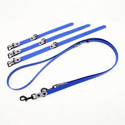Blaues verstellbares Hundehalsband und Leine mit Metallverschlüssen, verschiedene Längen sichtbar.