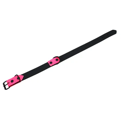 Schwarzes Halsband mit pinken Akzenten und verstellbaren Löchern, geeignet für verschiedene Grössen.