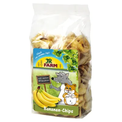 JR Farm Bananen-Chips, frisch vom Hof, mit vielen Vitaminen. Verpackung zeigt Banane, Maus und Hamster.