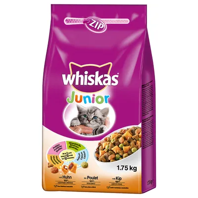 whiskas Junior tørfoder til kat, billede af killing og foderpiller, 1.75 kg, med Huhn 100 %, mineralstoffer, farvede piller, ZIP-lukning synlig på posen
