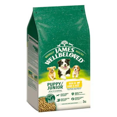 Sac de croquettes James Wellbeloved Puppy/Junior, Rich in Lamb & Rice, 2 kg, pour chiot jusqu’à 14 mois. Texte visible : healthy digestion, immune system, no wheat or maize.
