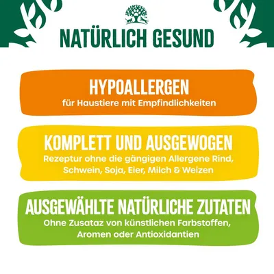 Texte en allemand : Natürlich Gesund. Hypoallergen pour animaux sensibles. Sans allergènes courants bœuf, porc, soja, œufs, lait, blé. Ingrédients naturels sans additifs artificiels.