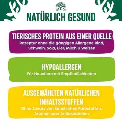 Natürlich gesund. Tierisches Protein aus einer Quelle, ohne gängige Allergene wie Rind, Schwein, Soja, Eier, Milch & Weizen. Hypoallergen für empfindliche Haustiere. Natürliche Inhaltsstoffe ohne künstliche Zusätze.