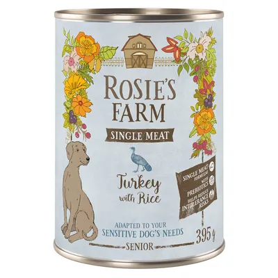 Rosie's Farm Single Meat Senior, пуйка с ориз, адаптирана за нуждите на чувствителни кучета. Консерва 395 г, пребиотична за намаляване на риска от непоносимост.