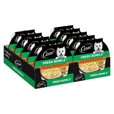 Cesar Fresh Bowls kuře s mrkví, zelenými fazolkami a dýní. Balení 5 x 85 g, celková hmotnost 425 g.