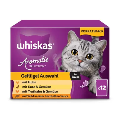 whiskas Aromatic Selection Geflügel Auswahl, mit Huhn, mit Ente & Gemüse, mit Truthahn & Gemüse, mit Wild in einer herzhaften Sauce, x12 sachets, Vorratspack