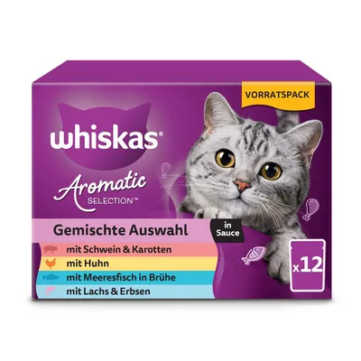whiskas Aromatic Selection Gemischte Auswahl in Sauce, mit Schwein & Karotten, avec poulet, poisson de mer en bouillon, saumon & pois, x12. Texte en allemand.
