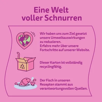 Texte en allemand : Eine Welt voller Schnurren. Réduction de l’impact environnemental, carton recyclable, poisson issu de sources responsables. Pour plus d’informations, voir le site web.