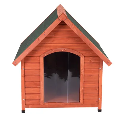 Hondenhok van hout met groen dak en transparante kunststof deur, geschikt voor buitengebruik.