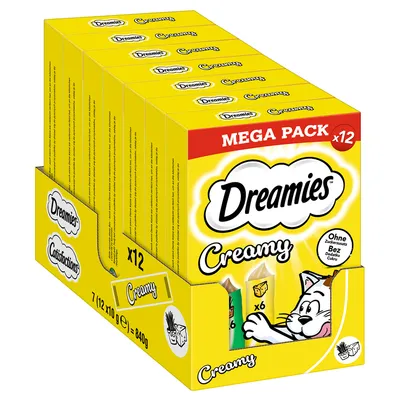 Dreamies Creamy Mega Pack x12, sin azúcares añadidos, 7 (12x10g) = 840g. Envase con diseño amarillo y gato.