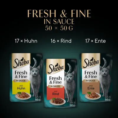 Sheba Fresh & Fine in Sauce, 50 x 50g. Sorten: 17x Huhn, 16x Rind, 17x Ente. Verpackung zeigt graue Katze und jeweilige Geschmacksrichtung.