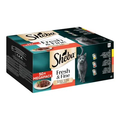 Sheba Fresh & Fine 50x Megapack, en sauce, boîte avec photo de chat gris et assiette de nourriture, variétés visibles sur l’emballage, portions de 50x50g.