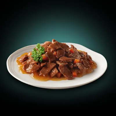 Émincés de viande en sauce avec morceaux de carottes, servis sur une assiette blanche, garnis de persil. Aucun emballage ou marque visible.