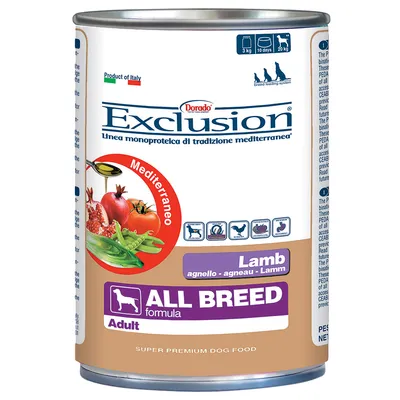 Exclusion Lamb All Breed Adult koiran märkäruoka, näkyvissä tekstit: Mediterraneo, Product of Italy, super premium dog food, agnello-agneau-lamm, purkki vihanneksilla ja lihalla