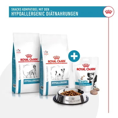 Royal Canin Hypoallergenic dietna hrana za pse, združljivi prigrizki z vitaminom B12. Vidna dva vreči hrane, vrečka prigrizkov in posoda s suho hrano.