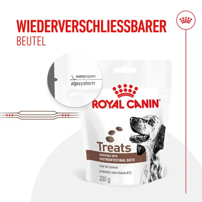 Royal Canin Treats, ponovno zapiralna vrečka z easyopen zip sistemom, združljivo z gastrointestinalnimi dietami, 230 g, nizka vsebnost maščob, prebiotiki in vitamin B12.